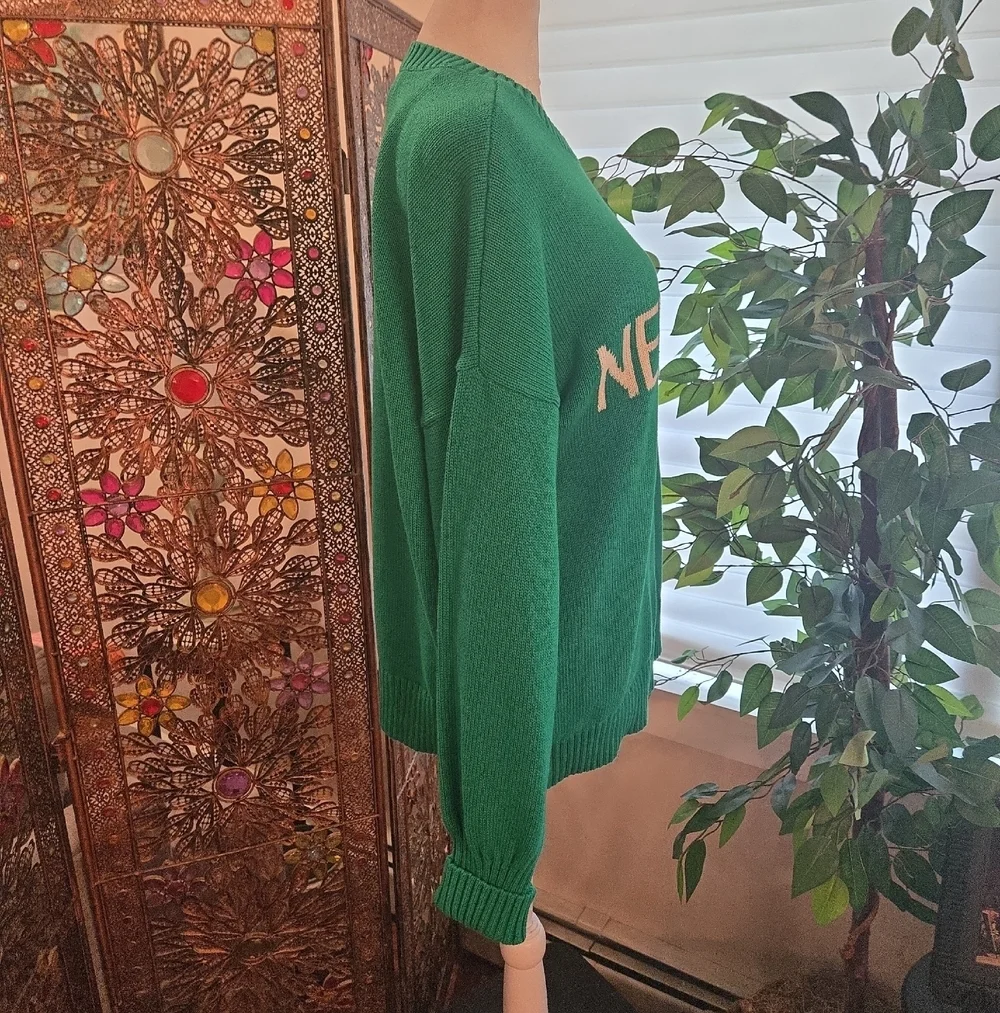 NWT Fishermans Chunky Knit New York Cotton Green Crewneck Sweater Womens Small
